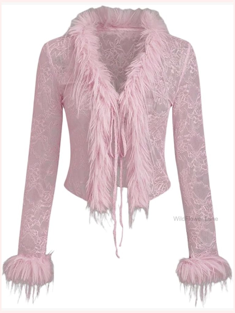 Fuzzy Trim Long Sleeve Tie Front Sheer Lace V Neck Y2k Crop Blouse
